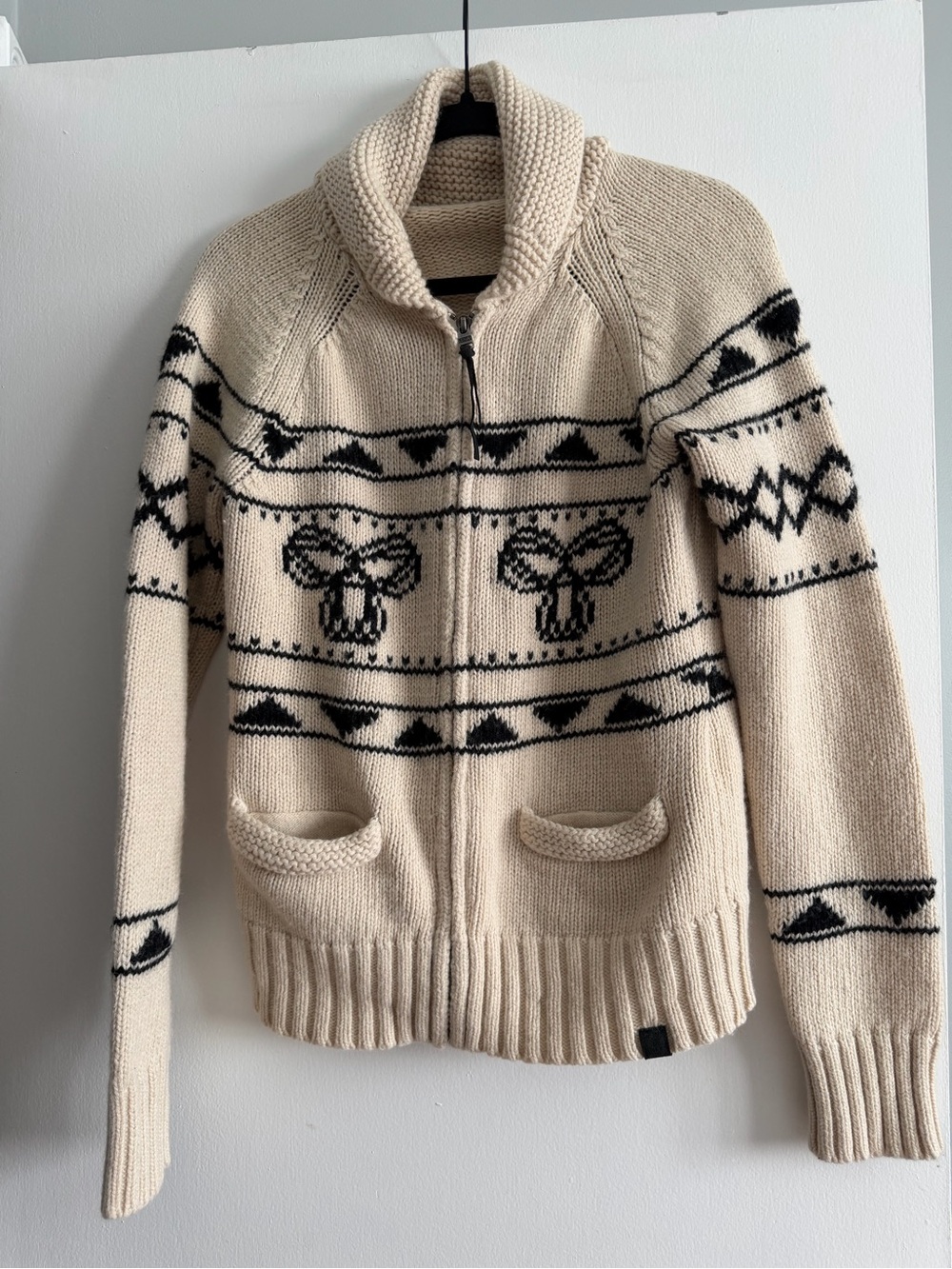 TNA Cream and Black Zip-Up Fair Isle Turtleneck Sweater